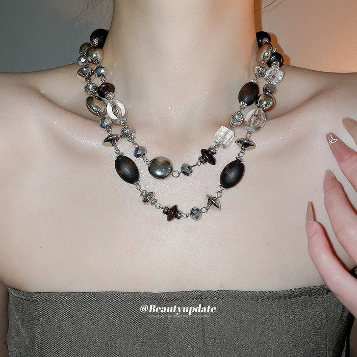 Layered Black Brown and Clear Beaded Statement Necklace