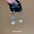 Silver Tone Huggie Earrings with Crystal Links and Pearl Drops view 2