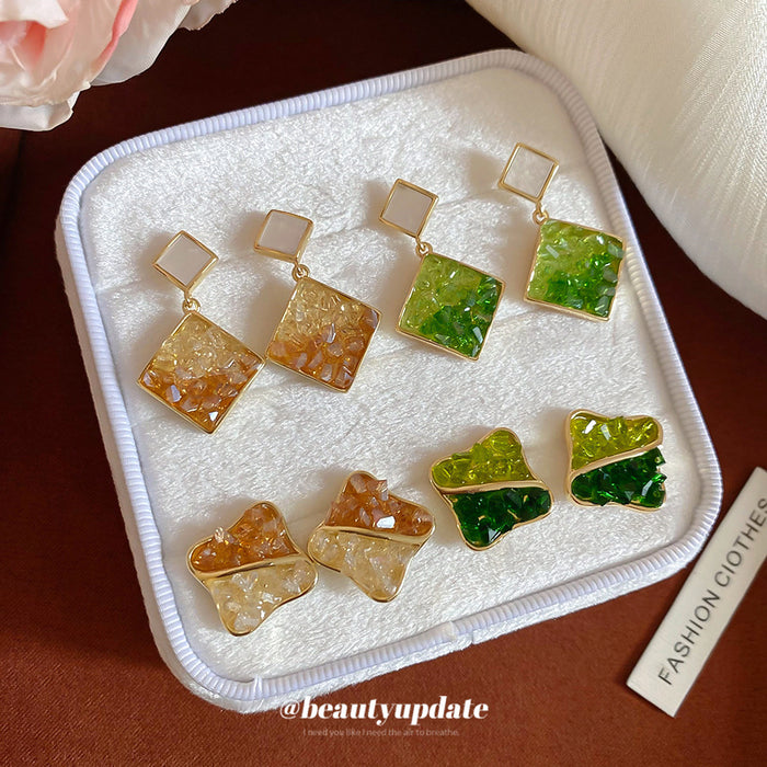 Gradient Square Resin Stud Earrings In Brown And Green