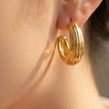 Multi Ridge C Hoop Earrings in Polished Gold and Silver Tone view 1