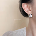 Round Disc Pink Enamel Rose Green Leaf Black Rim Stud Earrings view 2