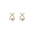 Gold X Cross Pearl Teardrop Stud Earrings Crystal Pair view 5