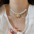 Gold and Silver Tone Oversized Heart Link Pearl Necklaces view 3