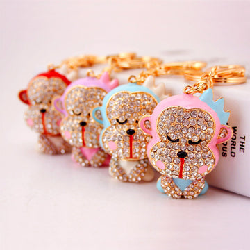 Clear Rhinestone Monkey Keychain With Lobster Clasp And Split Ring