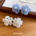 Beaded Pearl Center Flower Stud Earrings in White and Blue view 2