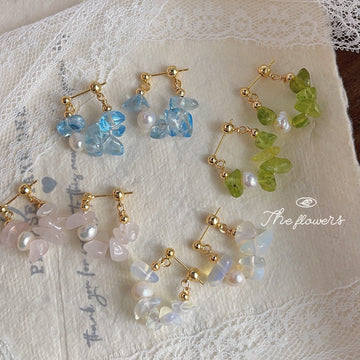 Gold Tone Blue Glass Chip And White Pearl Cluster Hook Earrings