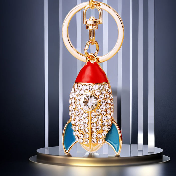 Jeweled Mini Rocket Keychain with Red Blue and White Enamel Details
