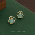 Gold Tone Green Stone Teapot Outline Stud Earrings For Women view 2