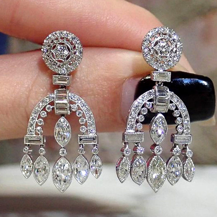 Arched Marquise Dangle Long Drop Earrings In Silver Tone