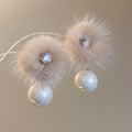 Beige Fuzzy Pom Pom Earrings With Large Pearl Like Drops view 6