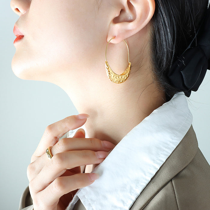 Boat Shape Hammered Textured Hoop Earrings Gold Or Steel