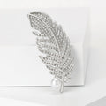 Rhinestone Feather Brooch with Openwork Veins and Pearl Drop view 4