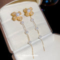 Gold Tone Crystal Flower and Pearl Drop Earrings Decorative Jewelry Pair view 4
