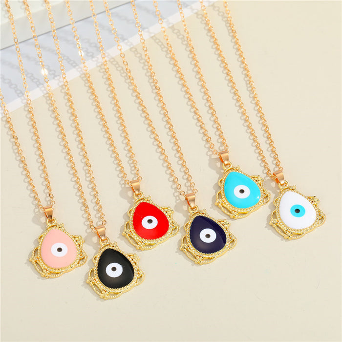 Gold Tone Ornate Teardrop Evil Eye Pendant Necklaces in Six Colors