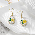 Gold Tone Rhinestone Teardrop Pressed Flower Drop Earrings in Five Designs view 2