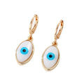 Gold Tone White Shell Round Heart and Hamsa Eye Huggie Earrings view 5