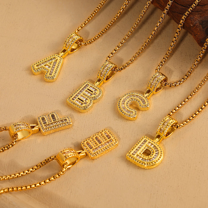 Gold Box Chain Necklace With Zircon Initial Letter Pendant