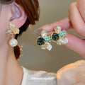 Green Crystal Floral Pearl Drop Stud Earrings Fashion Jewelry view 2