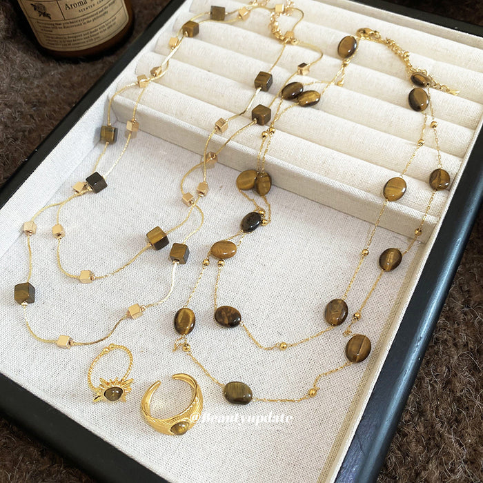 Brown Beaded Layered Necklace With Oval or Square Accents