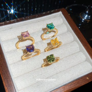 Gold Square Halo Crystal Open Cuff Rings Five Colors