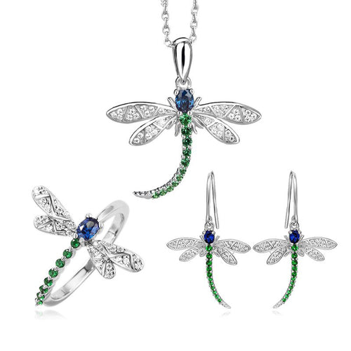 Second product view showing blue and green-stone dragonfly jewelry