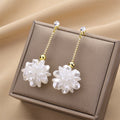 Crystal Rectangle and White Floral Drop Earrings for Women view 6