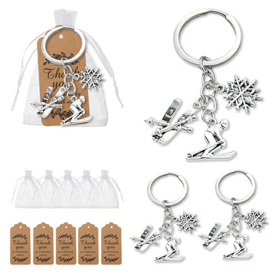 Ski charm keychains with organza bags and kraft thank-you tags