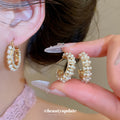 Gold Tone Pearl Half Hoop Earrings in Stud or Huggie Styles view 2