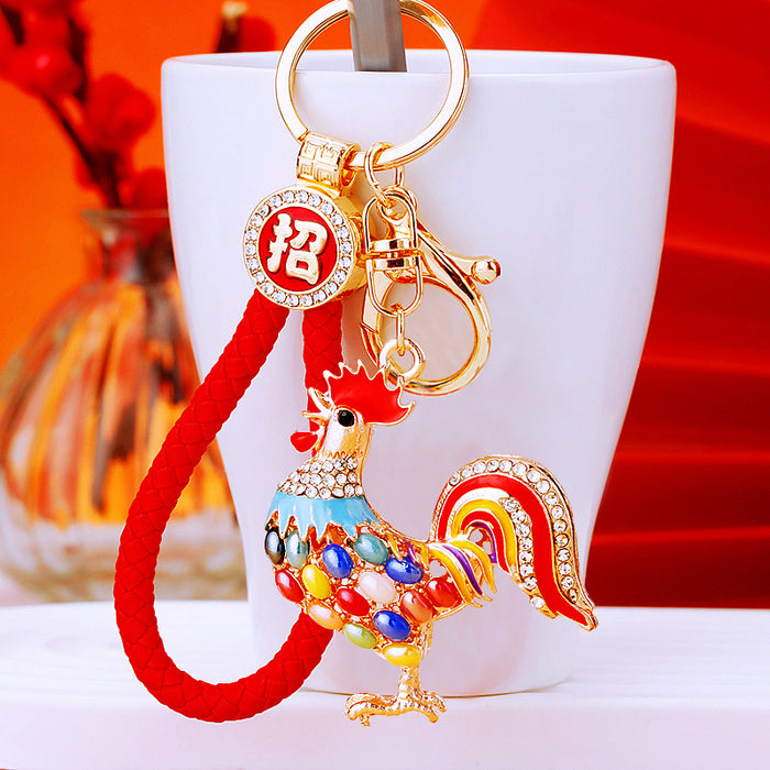 Jeweled Zodiac Rooster Keychains in Plain and Fortune Cord Options