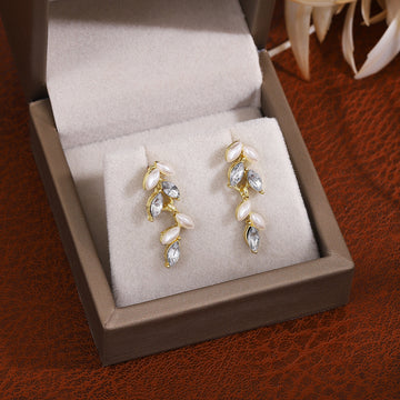 Gold Leaf Clear Look Pearl Look Climber Stud Earrings