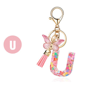 Glitter Letter Keychain With Pink Butterfly and Tassel, A to Z