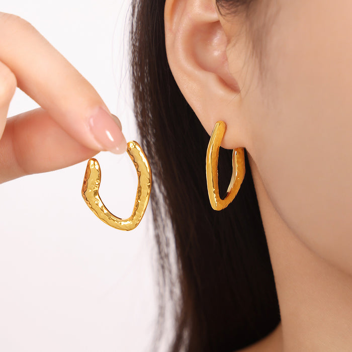 Geometric Diamond U Shape Stud Earrings Hammered Ribbed