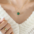 Green Banded Round Stone Bezel Pendant Necklace Gold Steel view 4