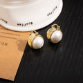 Pearl Look Ball Sculptural Gold Tone Huggie Earrings view 4