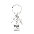 Silver Tone Cross Fish Leaf and Scripture Tag Keychain view 5