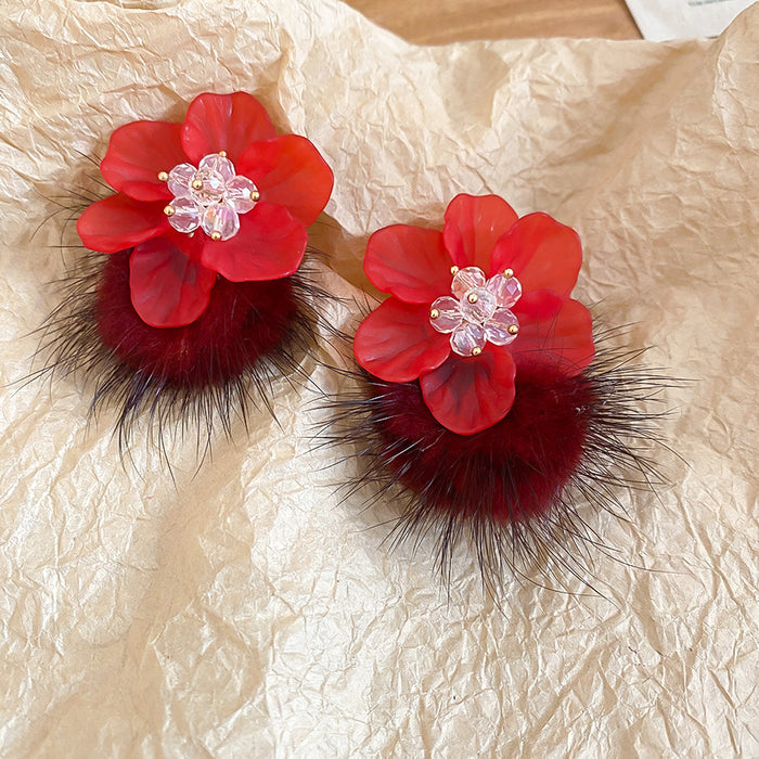 Red Layered Flower And Burgundy Fuzzy Pom Pom Stud Earrings