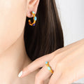 Gold Multicolor Carved Bead Open Hoop Earrings and Stack Rings view 1