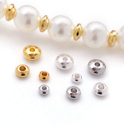Faceted metal rondelle spacer beads in three sizes arranged as a full product overview