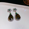 Green Leaf Flower And Teardrop Crystal Earrings And Necklace In Silver Tone view 6