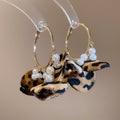 Leopard Fabric Flower Pearl Beaded Gold Tone Hoop Earrings view 6