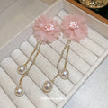 Pink Fabric Flower Chain Drop Earrings With Pearl Accents view 2