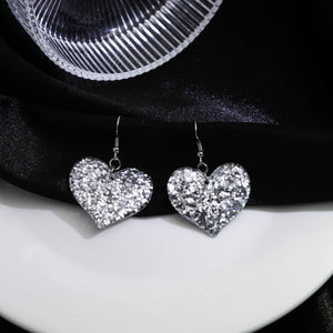 Silver Glitter Heart Acrylic Drop Earrings on Fishhook Wires