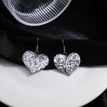 Silver Glitter Heart Acrylic Dangle Earrings Hook Pair