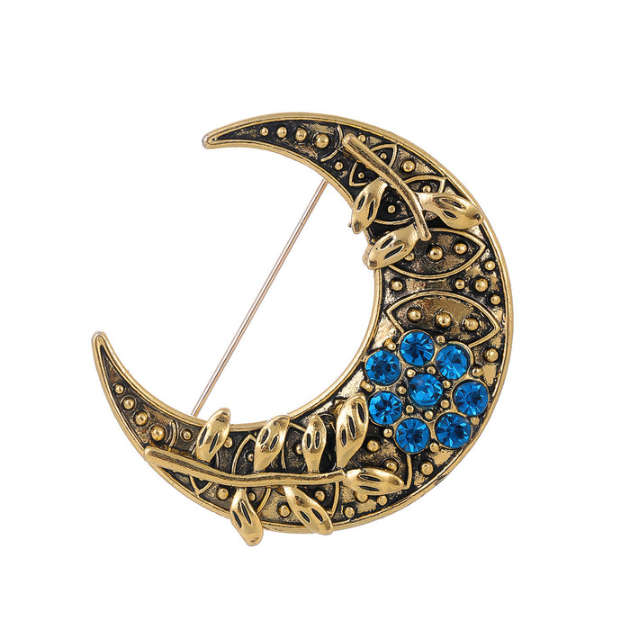 Blue Gold Tone Moon Metal Brooch Pin for Jackets and Lapels