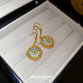 Blue Green Enamel Flower Medallion Gold Tone Hook Earrings view 2