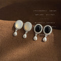 Oval Agate Stud Drop Earrings Silver Tone Pearl Teardrop view 1
