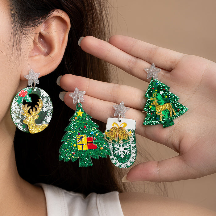 Four Christmas Tree Mitten and Reindeer Novelty Stud Earrings