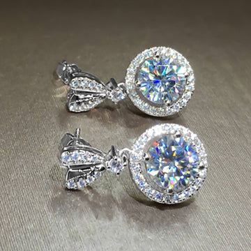 Heart Post Round Halo Drop Earrings Gold and White Gold Tone