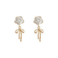 White Enamel Camellia Stud Gold Bow Drop Earrings Pair view 5