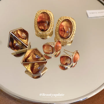 Brown Marbled Resin Oval Statement Stud Earrings Decorative Jewelry